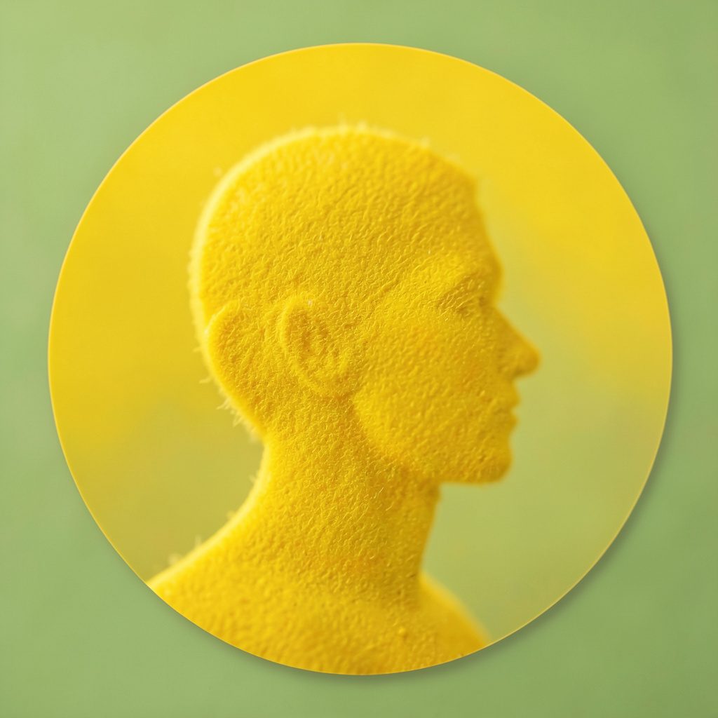 Circular portrait silhouette against a soft green background, warm and professional tone